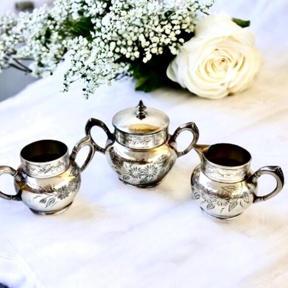 Antique C Rogers & Bros Tea Coffee Set Sugar & Creamer 4 Pieces Silverplate - Picture 10 of 16